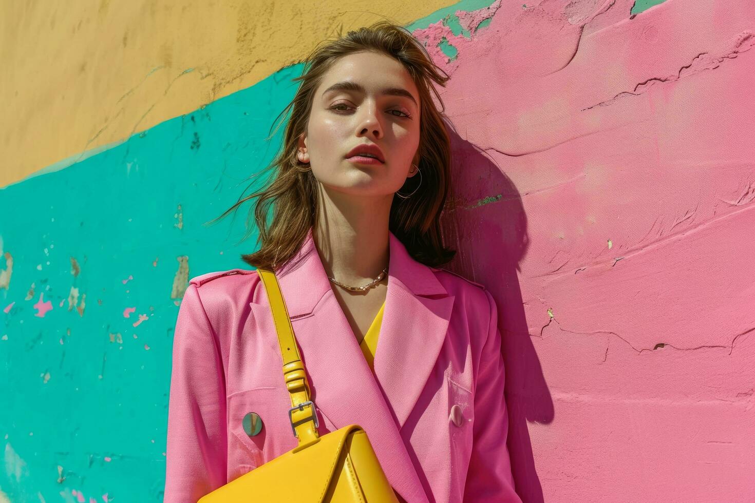 ai generato donna nel rosa blazer e giallo borsa foto