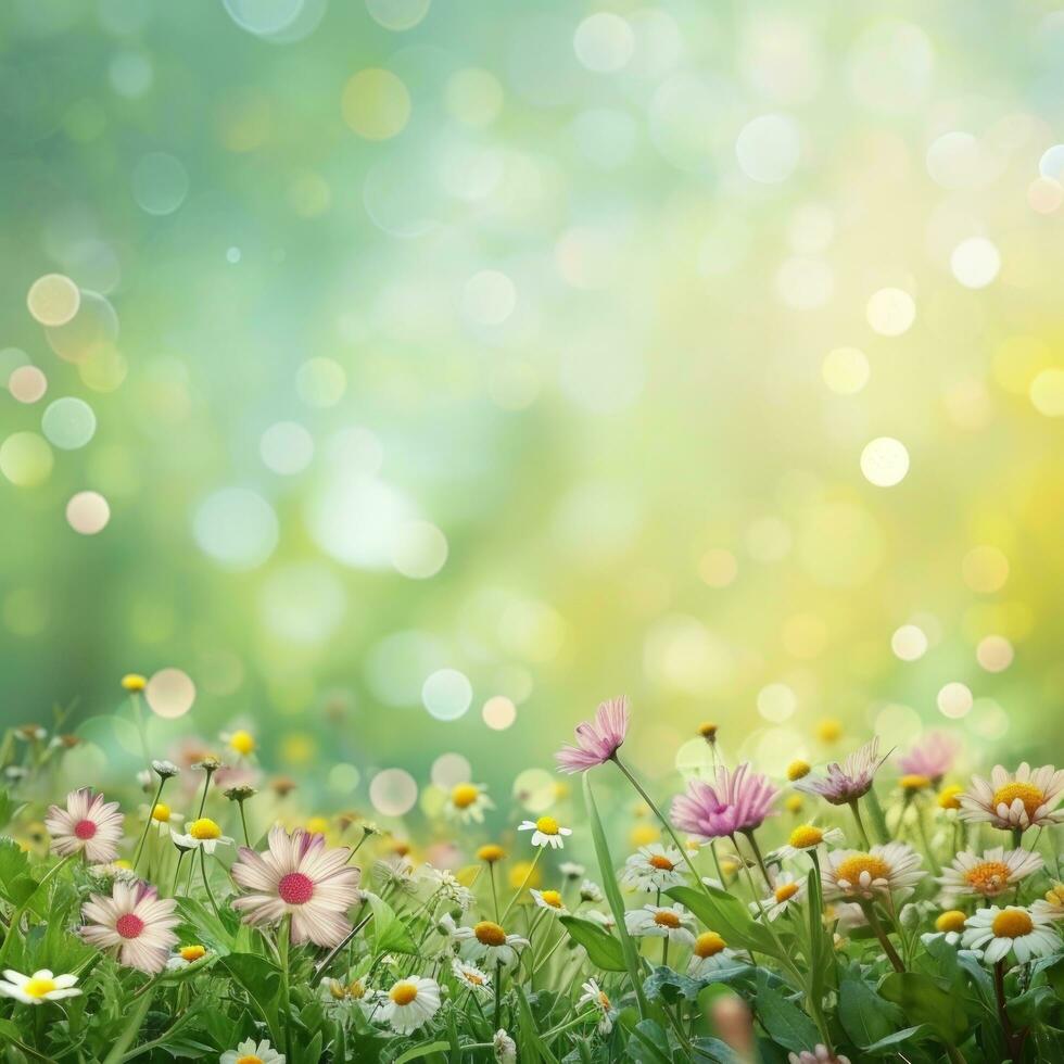 ai generato primavera pubblicità naturale spuntino con fiori, bokeh luci e copia spazio foto