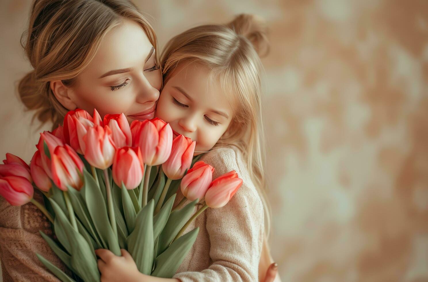 ai generato madri giorno saluto carta idee madre figlia abbraccio mazzo di tulipani foto