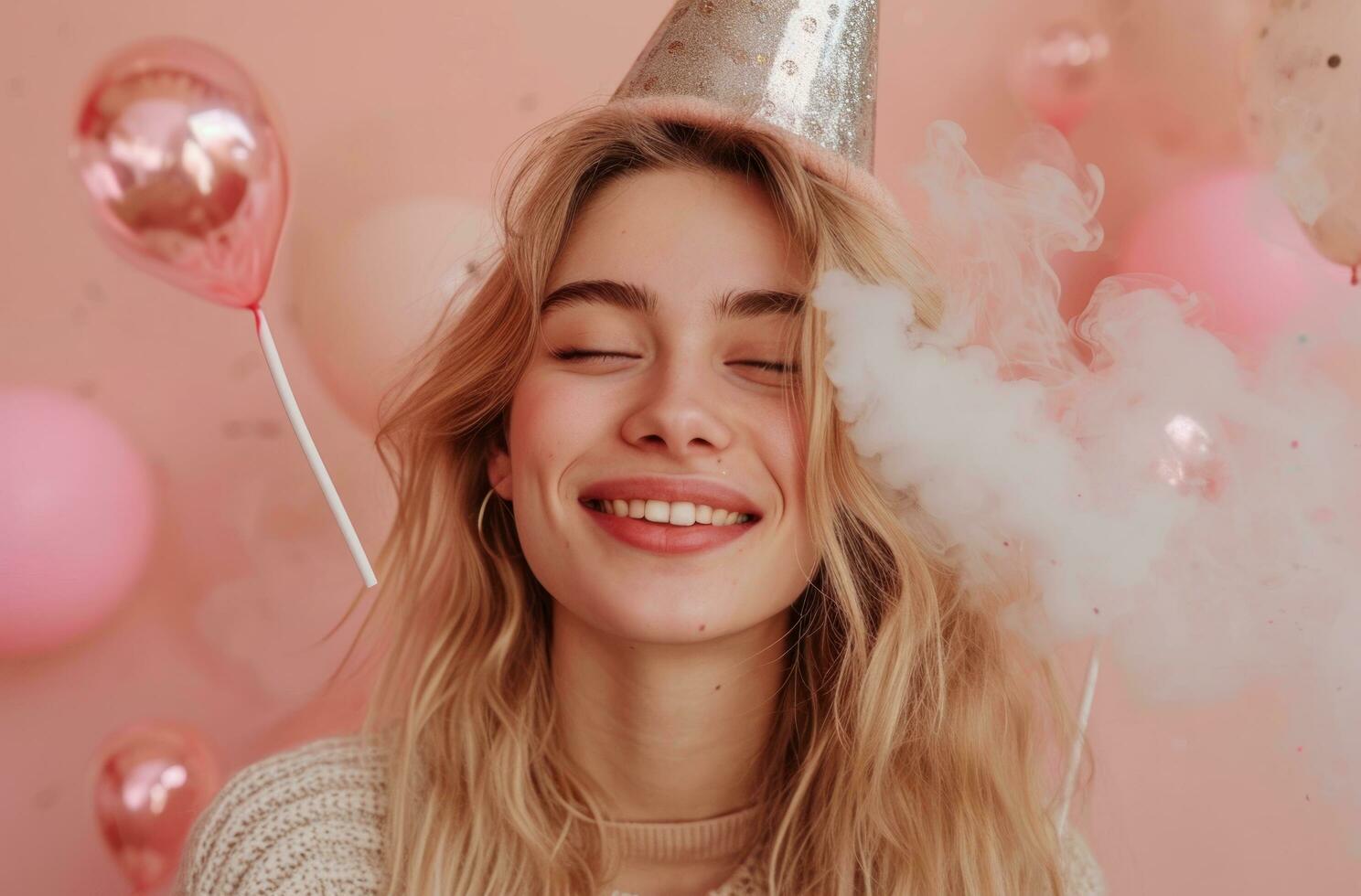 ai generato sorridente giovane bionda donna indossare un' festa cappello soffiaggio Fumo foto