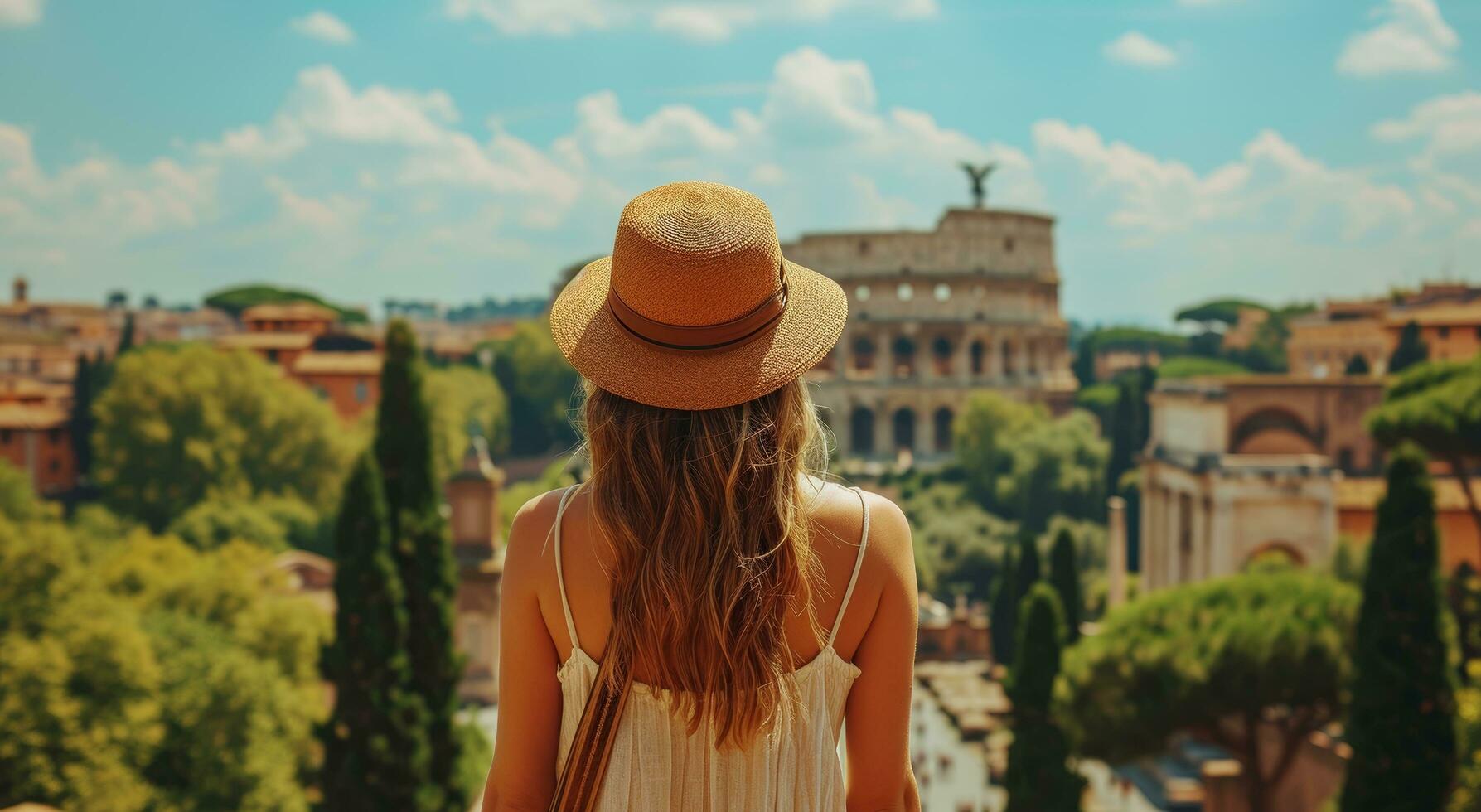ai generato donna Tenere zaino guardare a Roma orizzonte con città visualizzazioni, foto