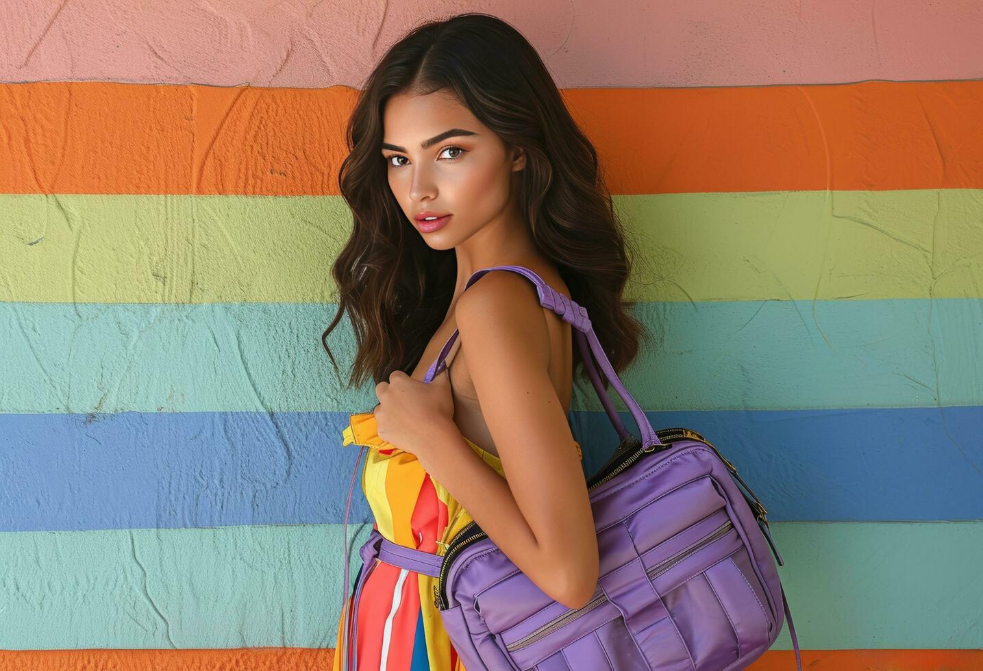 ai generato giovane donna nel colorato indumento Tenere un' viola Borsa foto