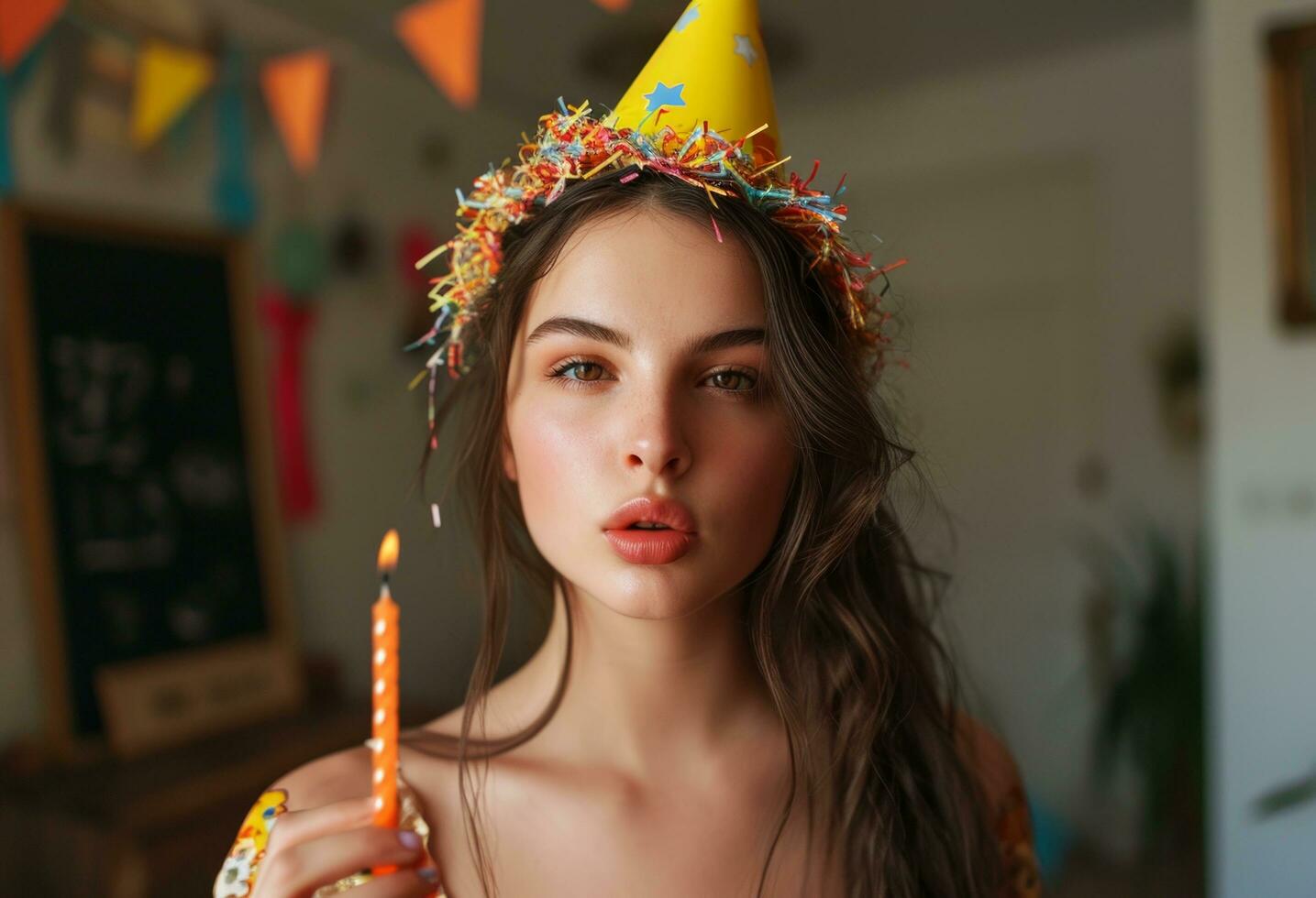 ai generato il telecamera è focalizzata su un' giovane donna con un' festa cappello e soffiaggio un' compleanno candela foto