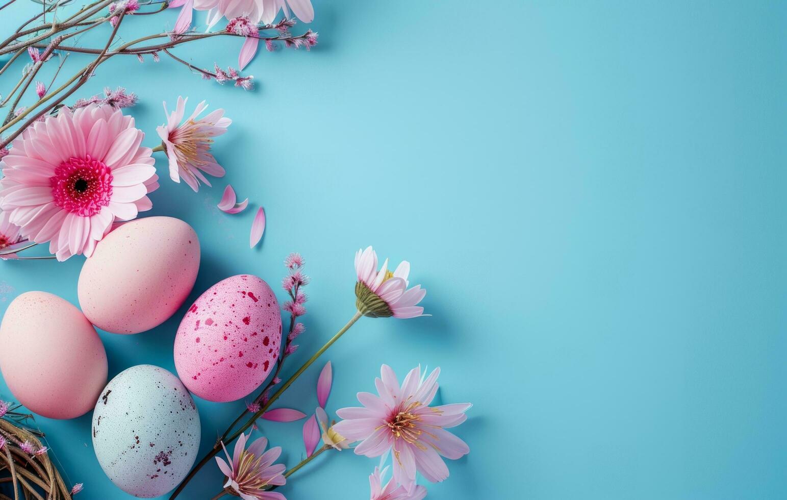 ai generato un' foglio con fiore, vuoto uovo e uova su un' blu sfondo copia spazio per scrittura con vuoto carta foto