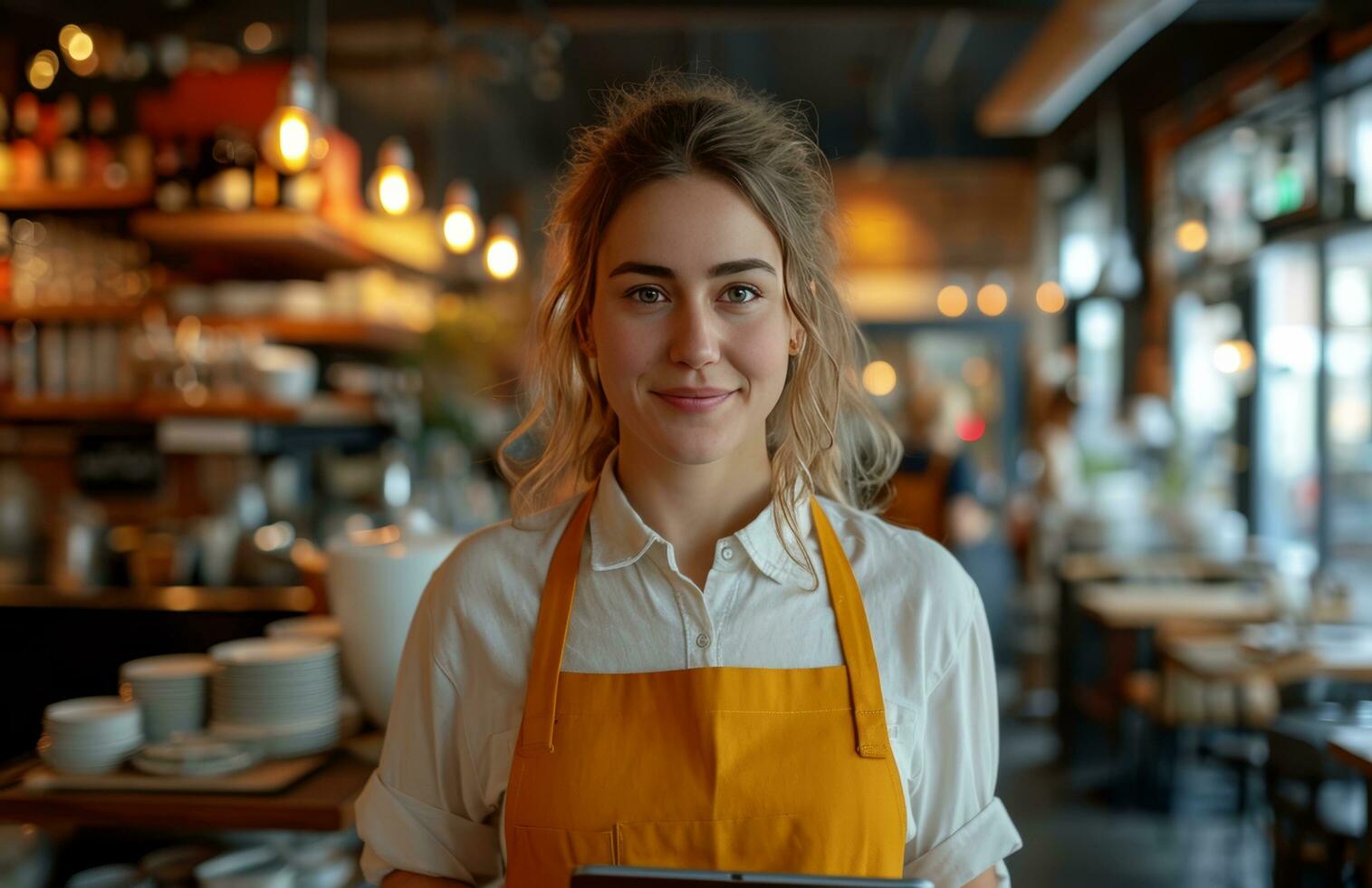 ai generato barista in piedi nel un' ristorante con tavoletta su sua polso foto