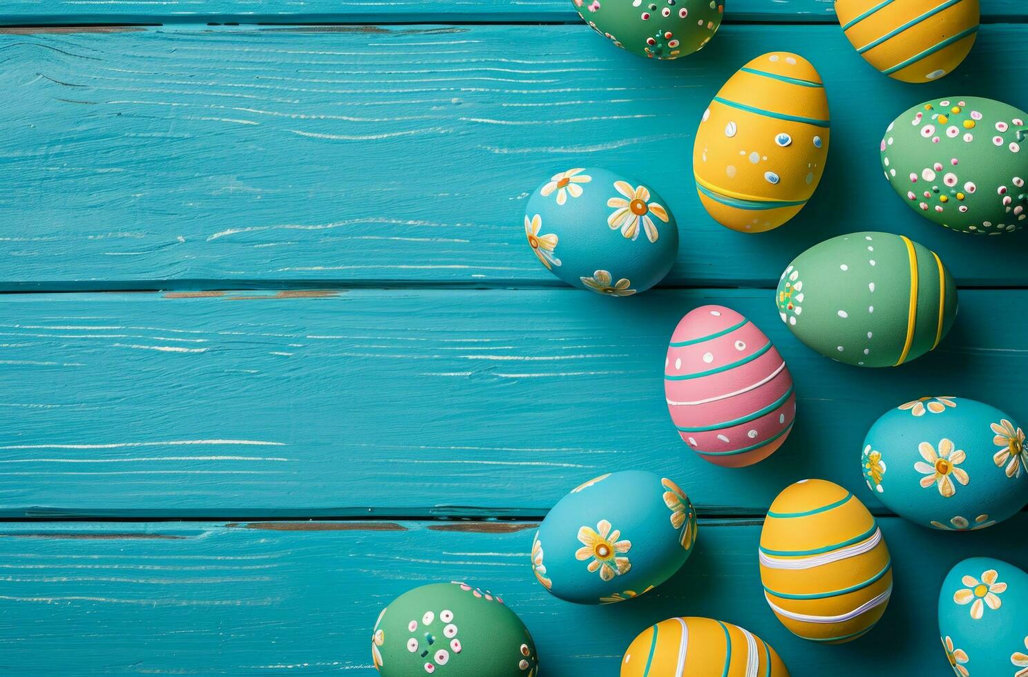 ai generato colorato Pasqua uova su blu legna sfondo foto