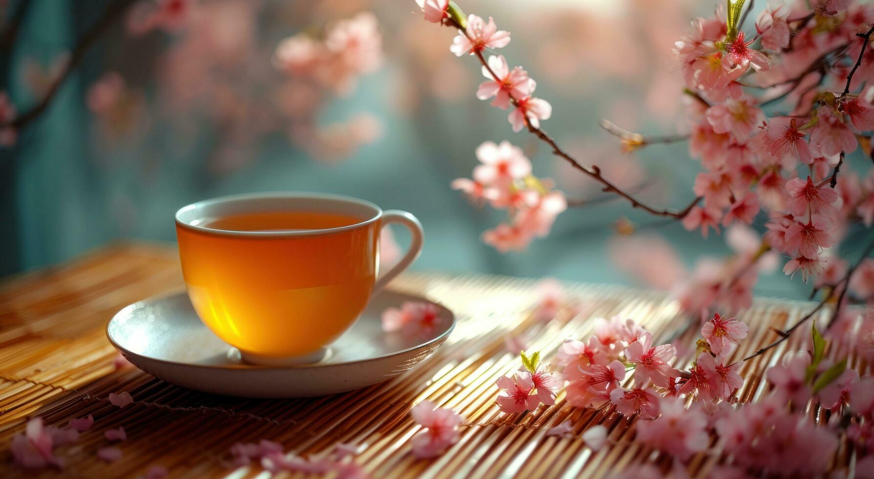 ai generato tazza di tè su tavolo con alcuni ciliegia fiori foto
