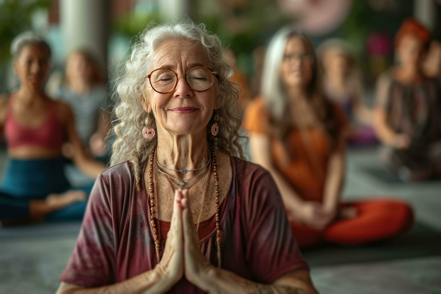ai generato gli anziani siamo sorridente e Meditare nel un' yoga classe foto