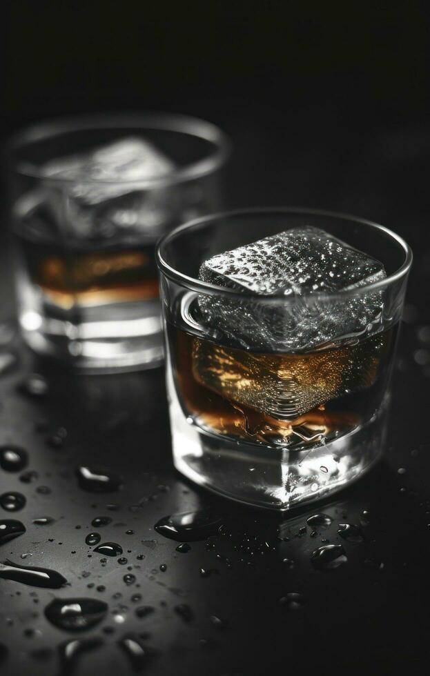 ai generato Due ghiaccio cubi nel un' bicchiere con Whisky foto