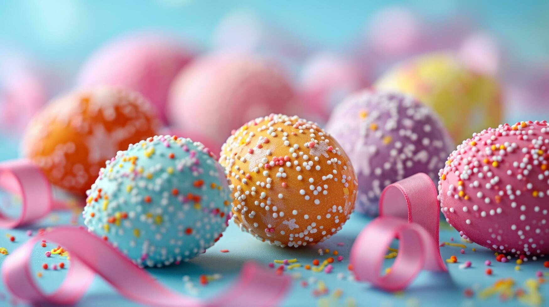 ai generato un' colorato Vettore di decorato uova, nastri, e festivo Pasqua delizie foto