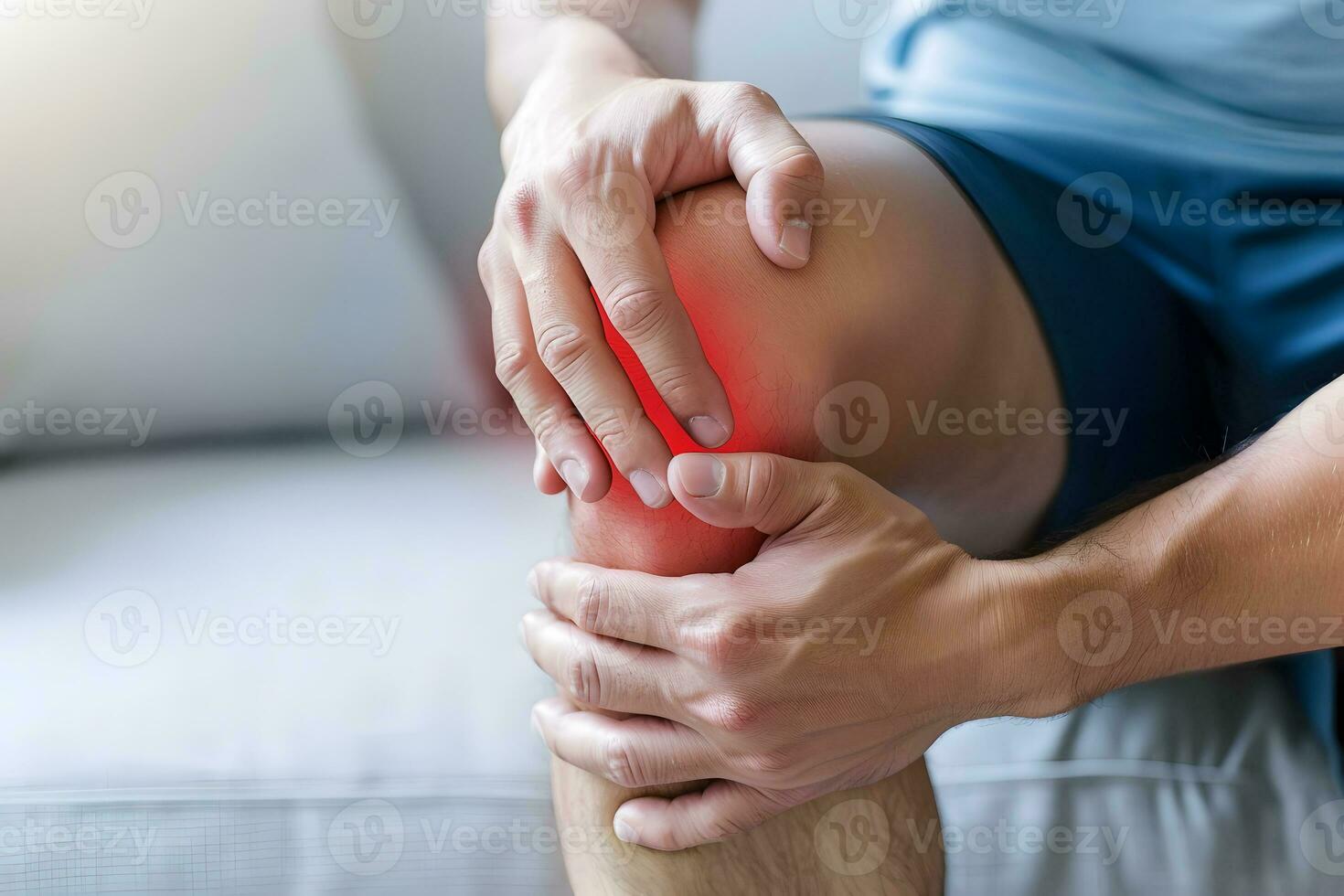 ai generato ginocchio comune dolore nel caucasico uomo. concetto di osteoartrite, reumatoide artrite o legamento infortunio foto