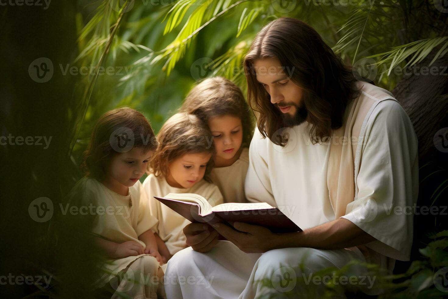 ai generato Gesù Cristo e bambini lettura libro nel il giardino foto