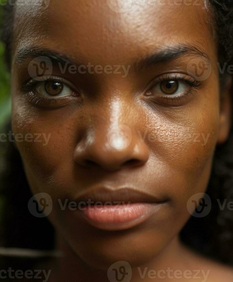 ai generato all'aperto ritratto di un' nero donna con sole leggero foto