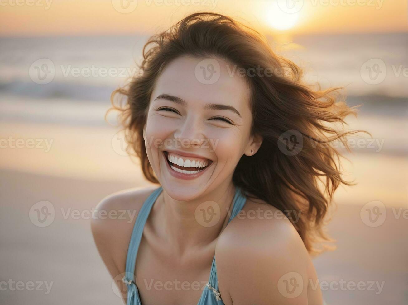 ai generato giovane donna ridendo felicemente a il mare spiaggia a tramonto foto