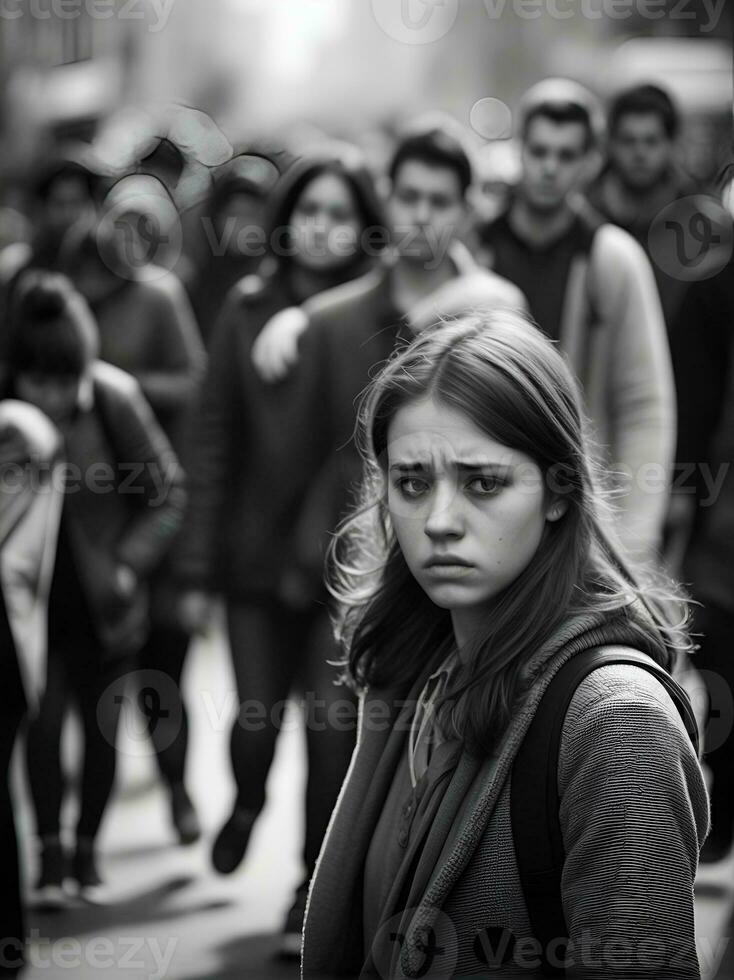 ai generato mentale Salute i problemi, giovane donna sta nel folla di persone nel un' nebbioso e triste umore. foto