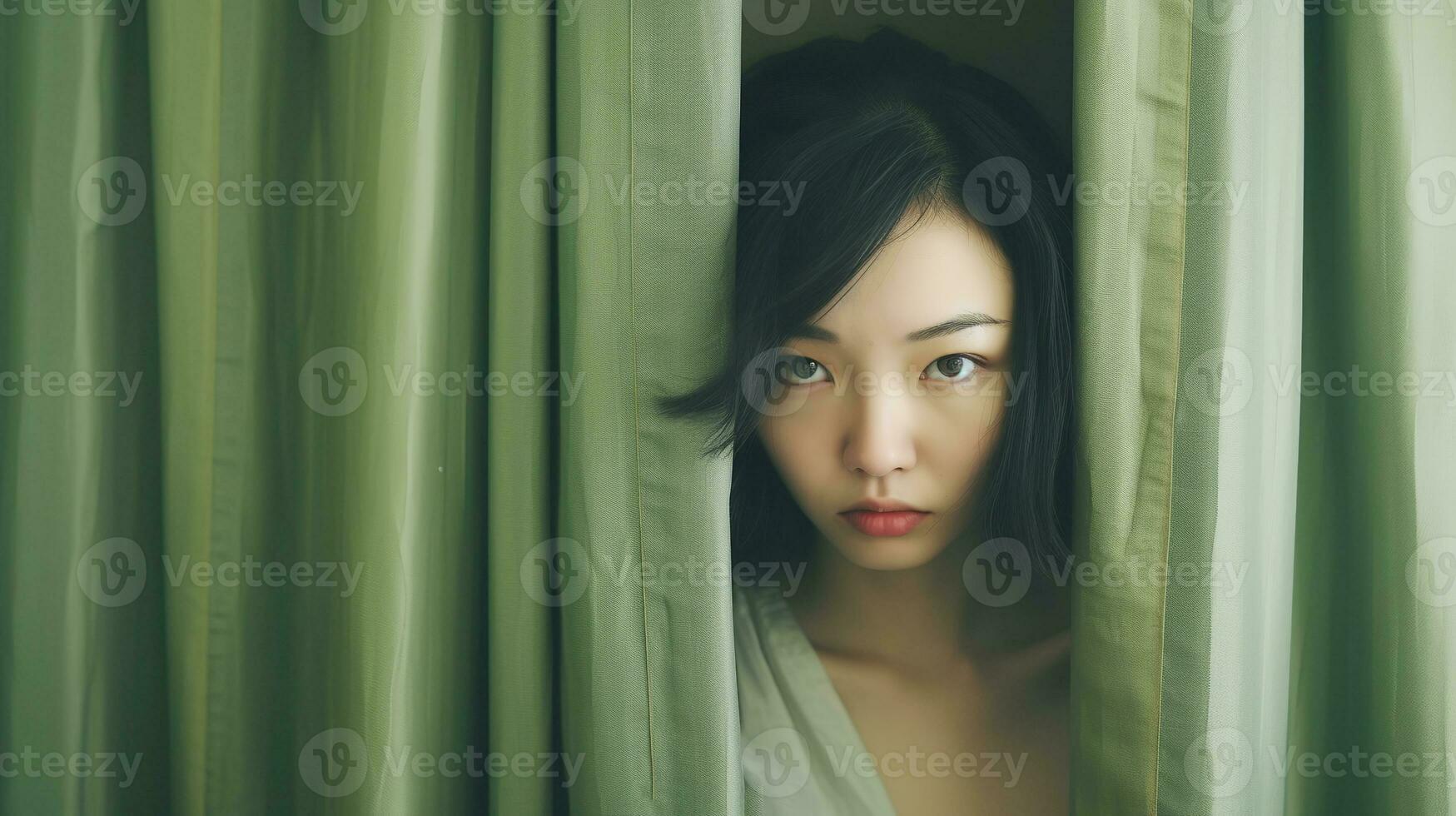 ai generato asiatico ragazza sbirciando attraverso verde le tende foto