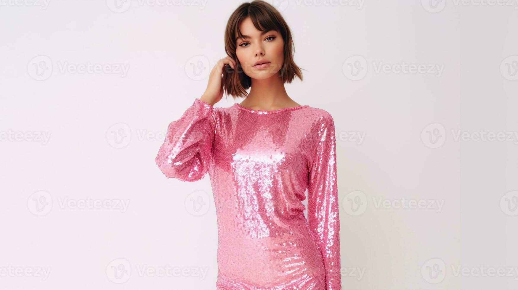 ai generato un' donna modello con luminosa, scintillante rosa vestire, poste elegantemente contro un' leggero sfondo, moda marca guardare un libro tiro con un' vero modello bianca sfondo foto