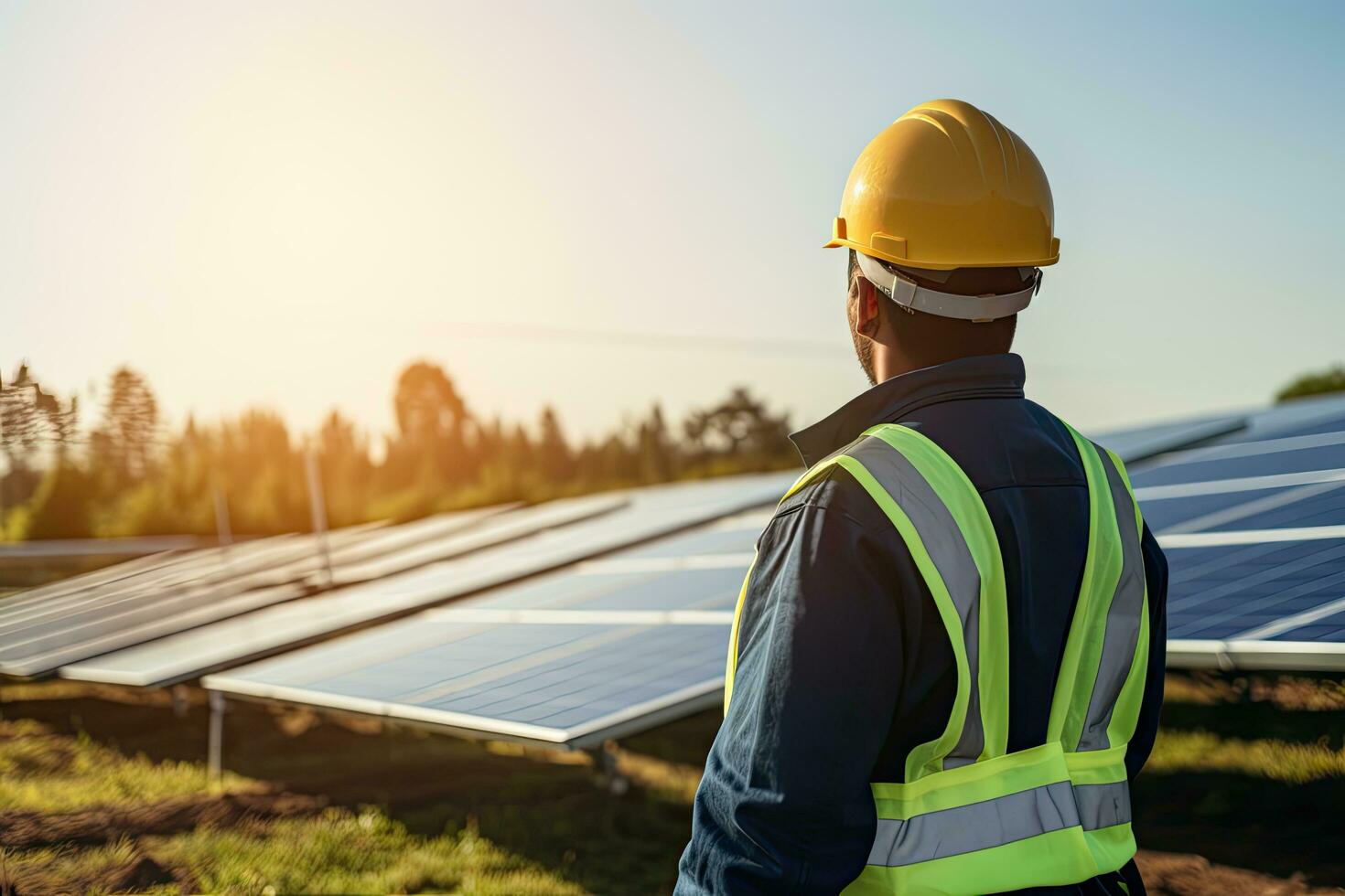 ai generato ingegnere a opera vento turbina e solare pannello. generativo ai foto