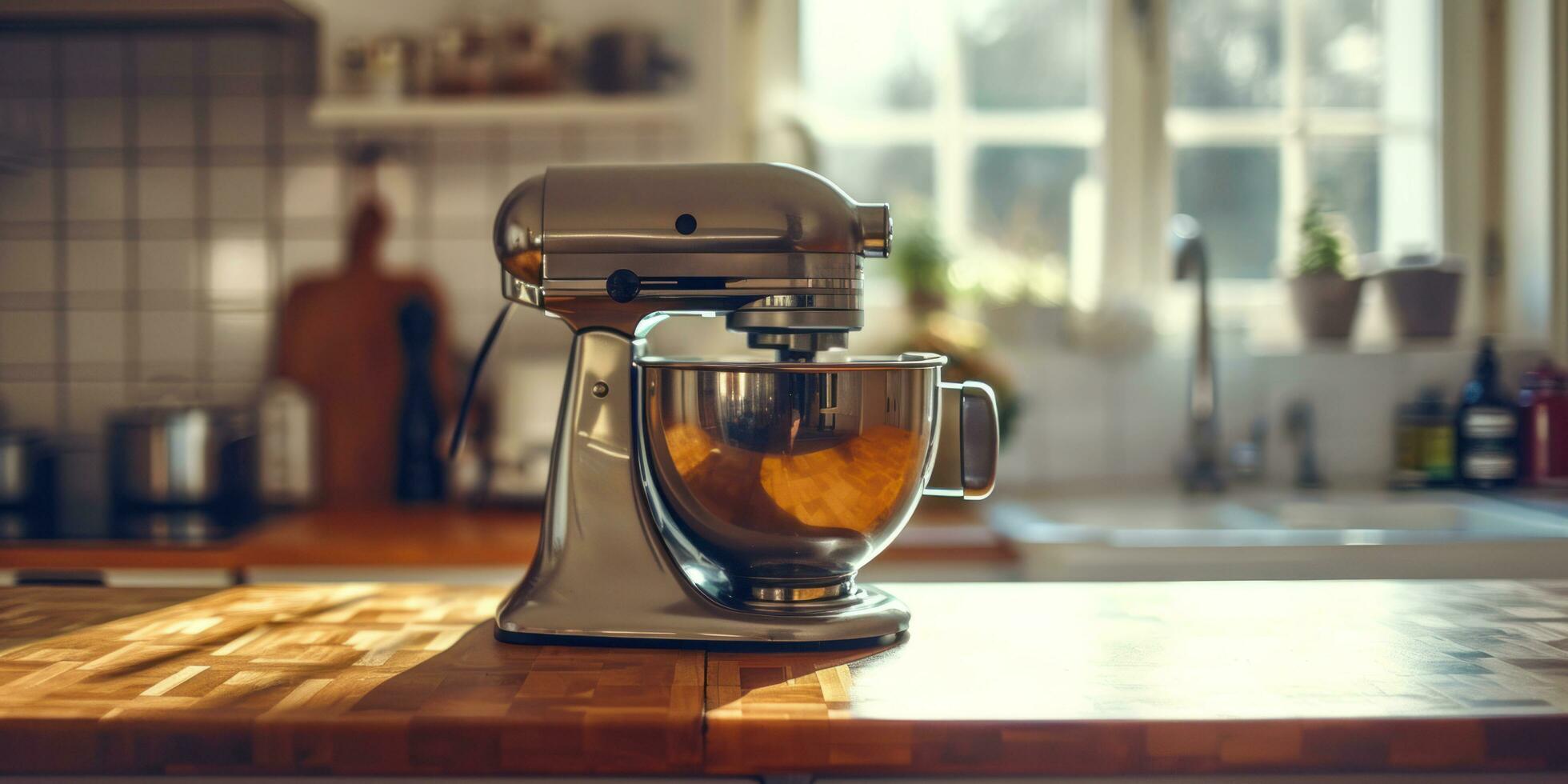 ai generato un' cucina miscelatore con un' di legno superiore è seduta su superiore di un' di legno contatore foto