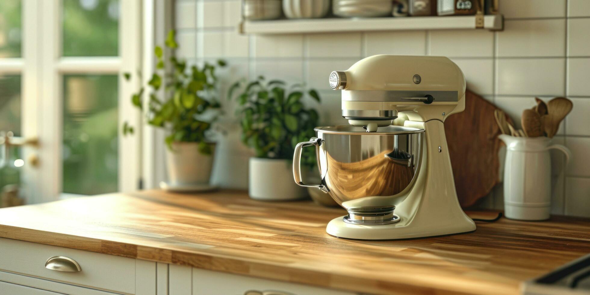 ai generato un' cucina miscelatore con un' di legno superiore è seduta su superiore di un' di legno contatore foto