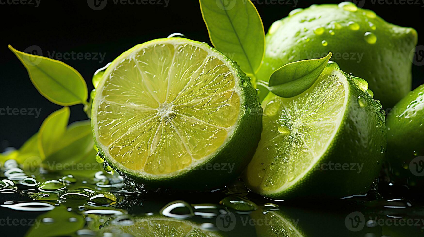 ai generato lime agrume frutta. vicino su tiro di bagnato Limes. creato con generativo ai foto