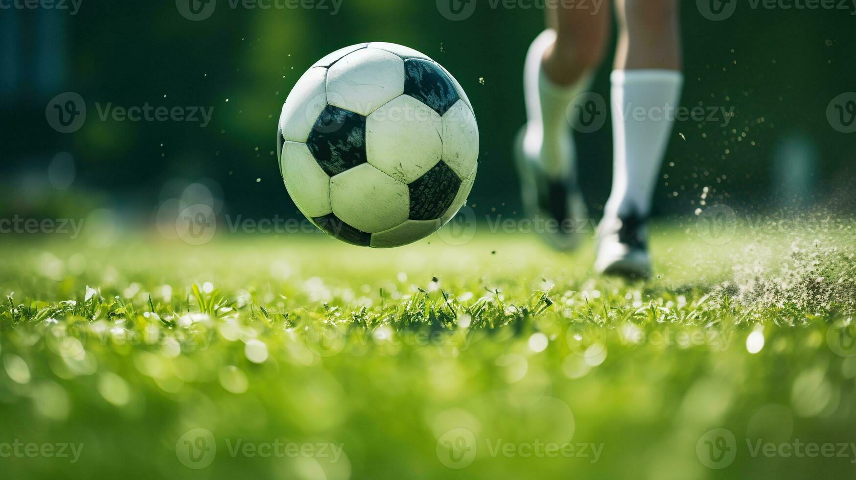 ai generato calcio giocatore corre per calcio il sfera. palla su il erba campo di arena. creato con generativo ai foto