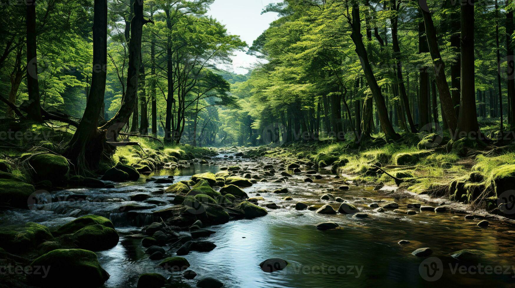 ai generato un' fiume fluente attraverso un' foresta. creato con generativo ai foto