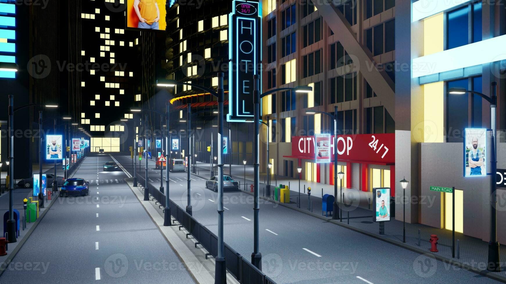 ore notturne centro città strade con macchine nel movimento guida passato aziende ha aperto non fermare. urbano paesaggio urbano con passeggiate illuminato di neon segni a notte, 3d rendere animazione foto