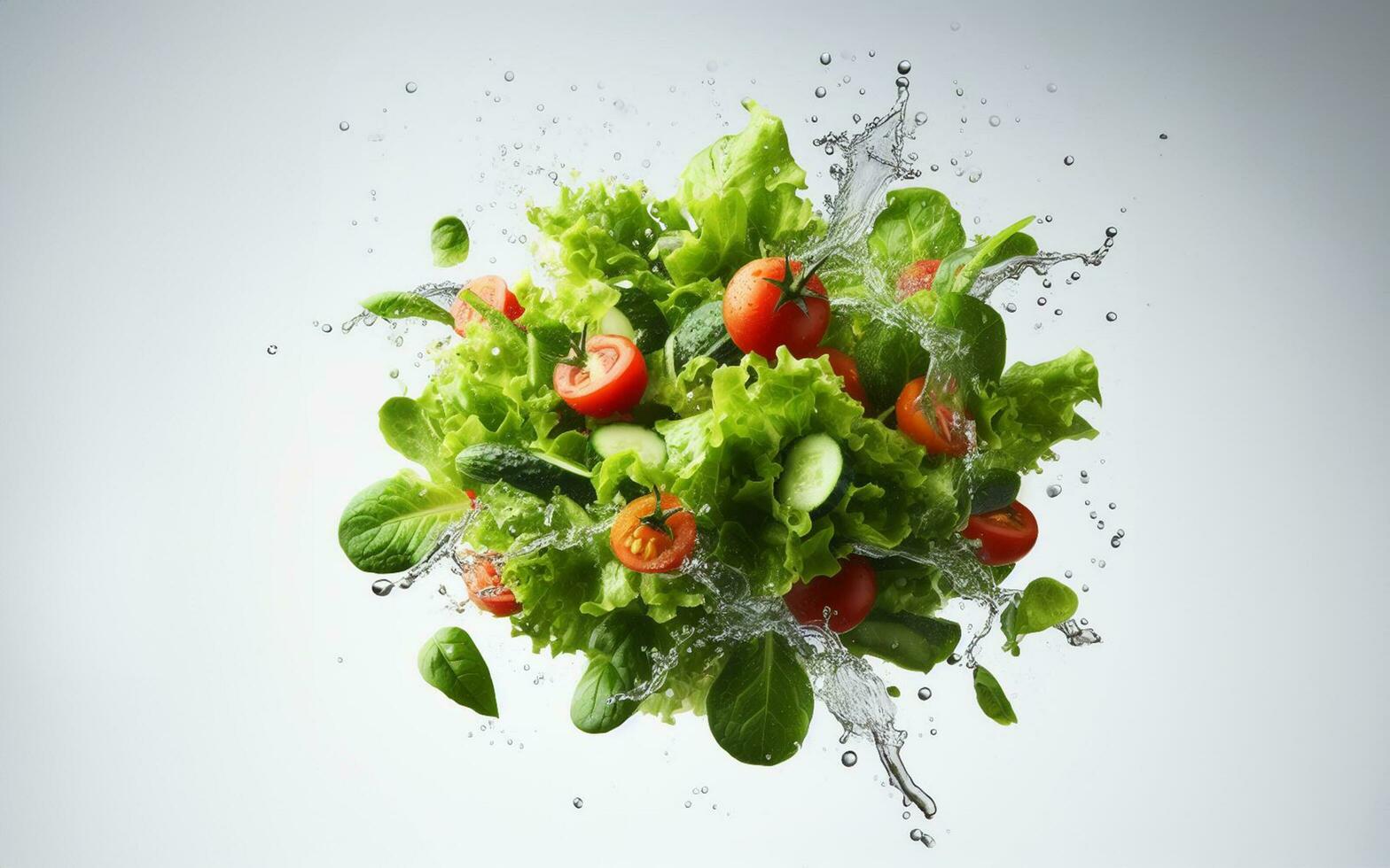 verdura insalata con spruzzi di succo verde verdure nel un' bicchiere ciotola volante nel il aria e acqua spruzzi su un' bianca sfondo foto