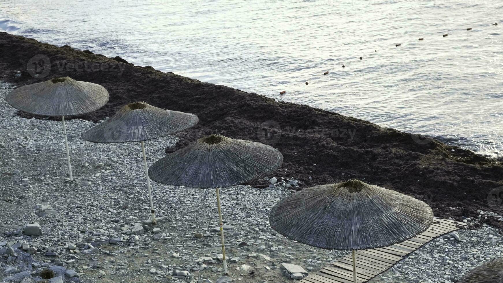superiore Visualizza di soleggiato giorno a il spiaggia con un' crudo di cannuccia ombrelloni. concetto. estate paesaggio con ciottolo spiaggia e ombrelli per il protezione a partire dal il sole. foto
