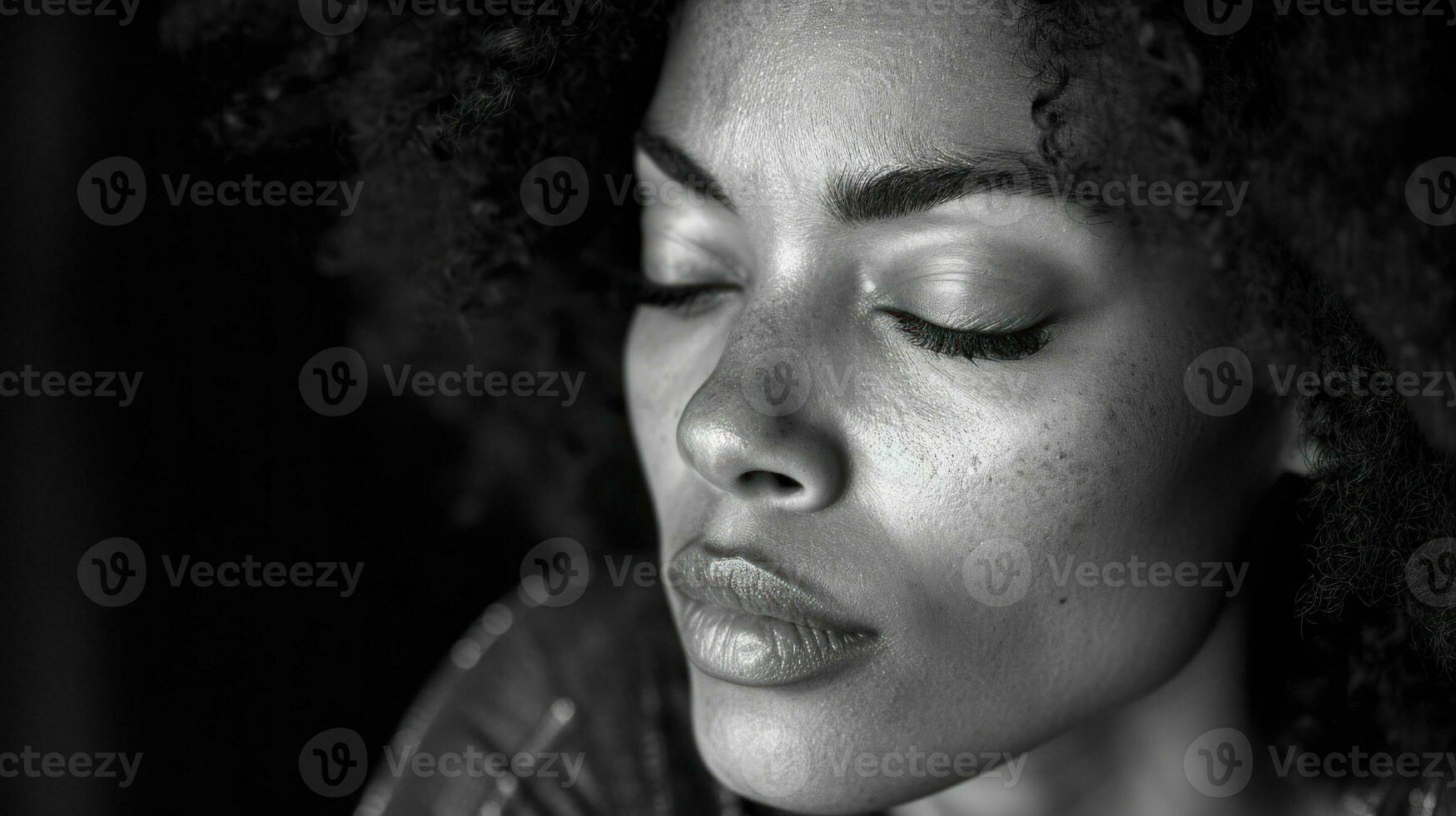 ai generato grave africano americano donna con chiuso occhi. nero e bianca vicino su ritratto. foto