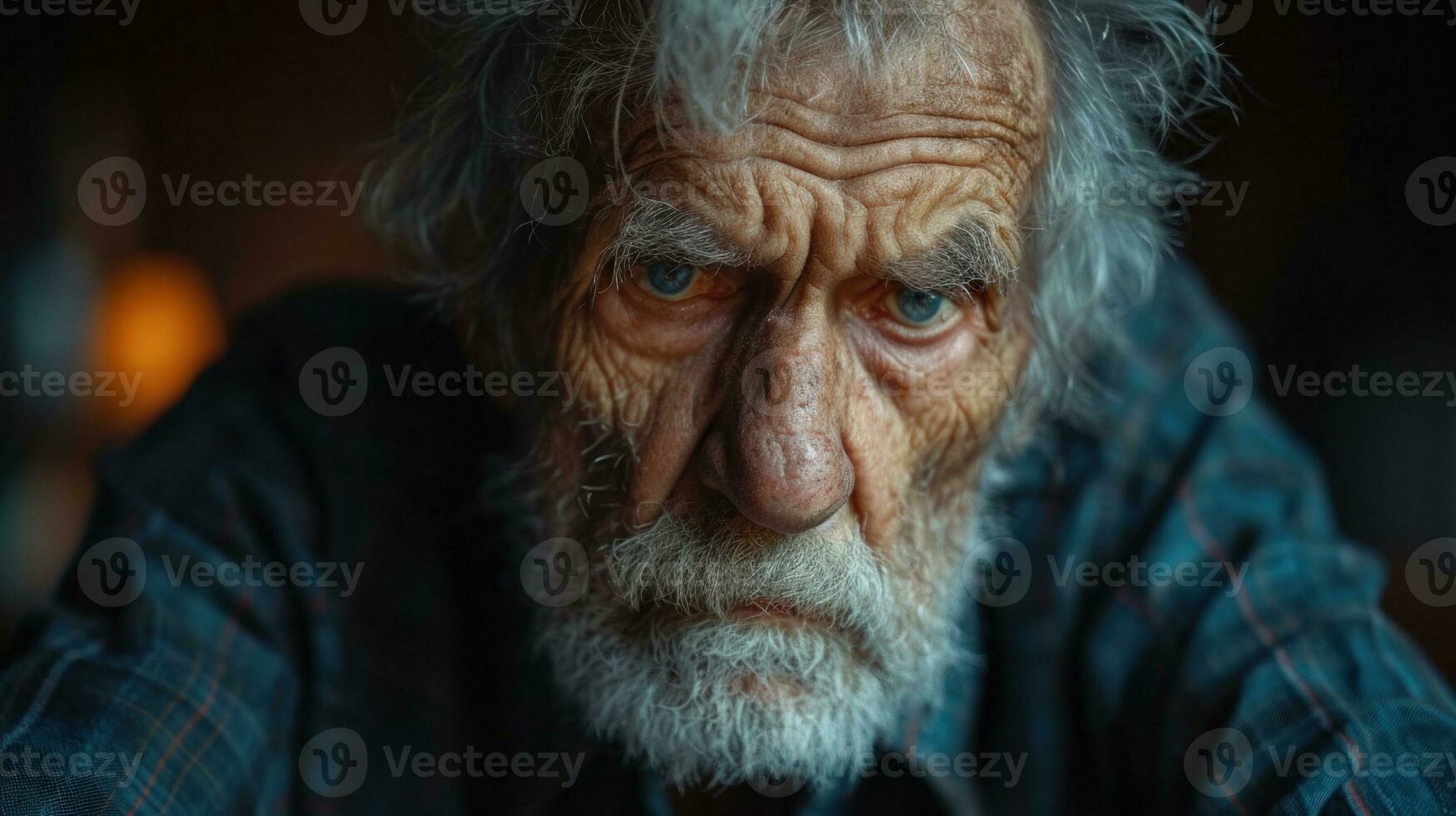 ai generato ritratto di un vecchio triste uomo con grigio capelli e blu occhi. foto