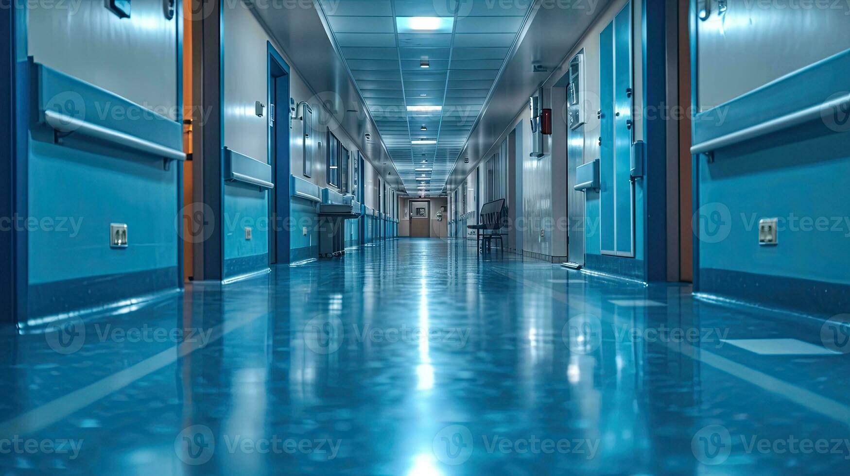 ai generato ospedale corridoio con blu porte e finestre. foto