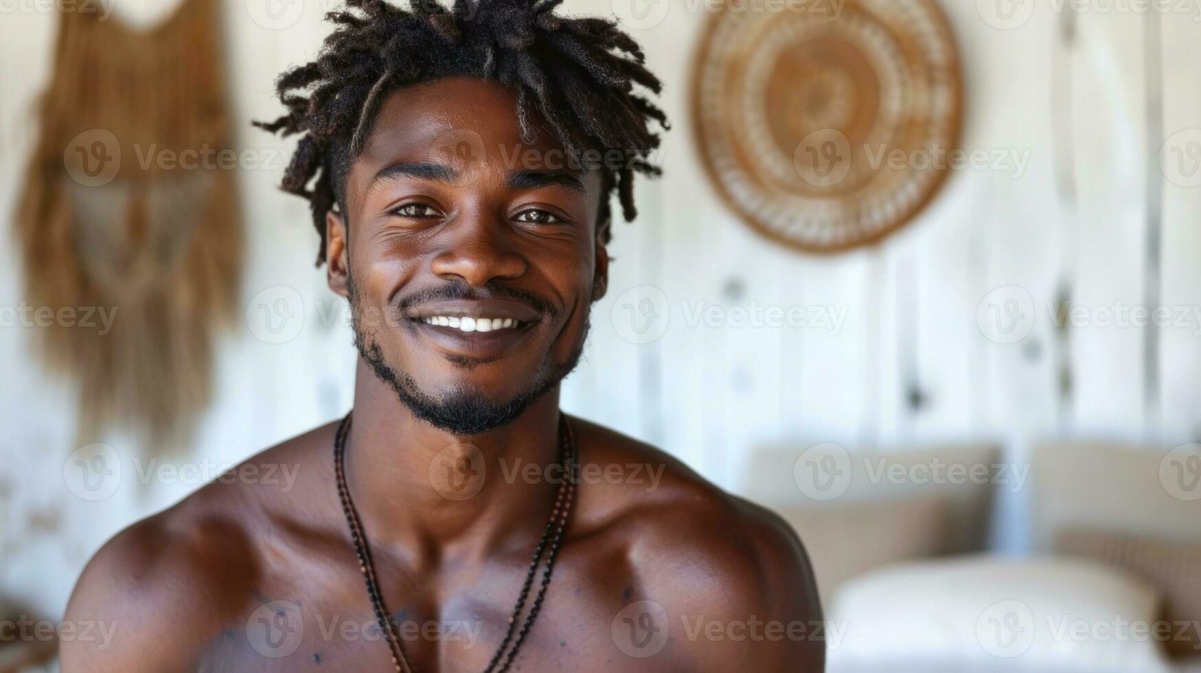 ai generato ritratto di un' bello africano americano uomo con dreadlocks sorridente a telecamera foto