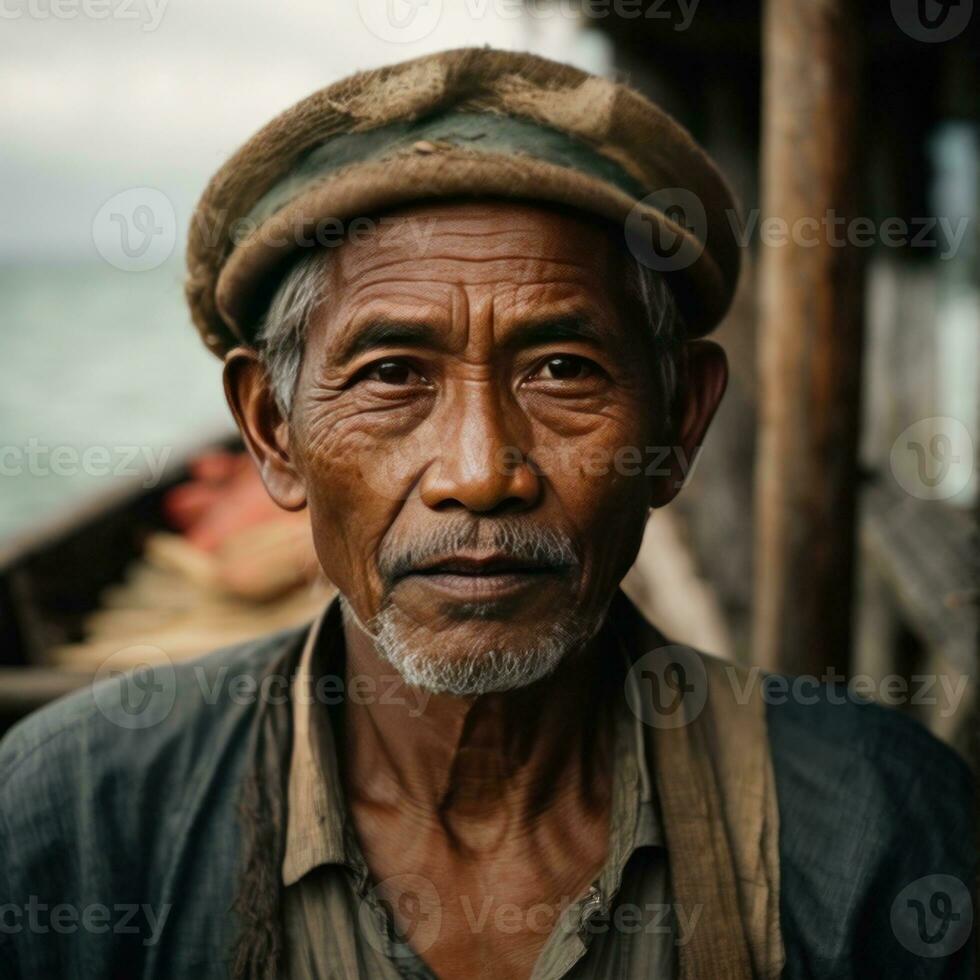 ai generato racconti di il mare cattura il essenza di un indonesiano pescatore foto