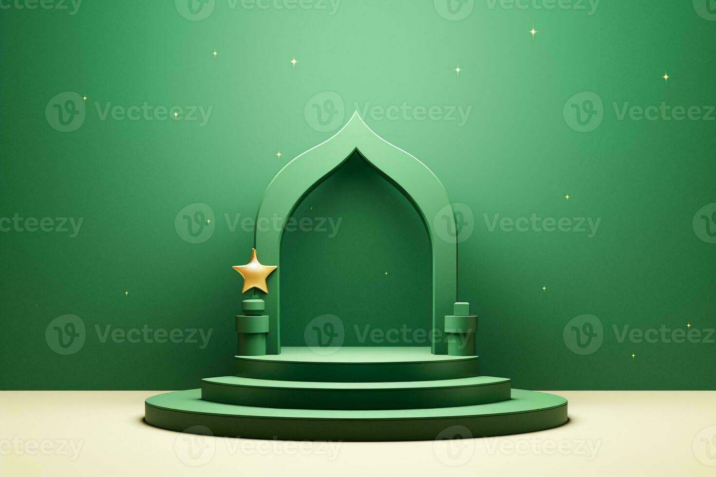 ai generato verde minimalista podio con stelle, Ramadan kareem tema foto