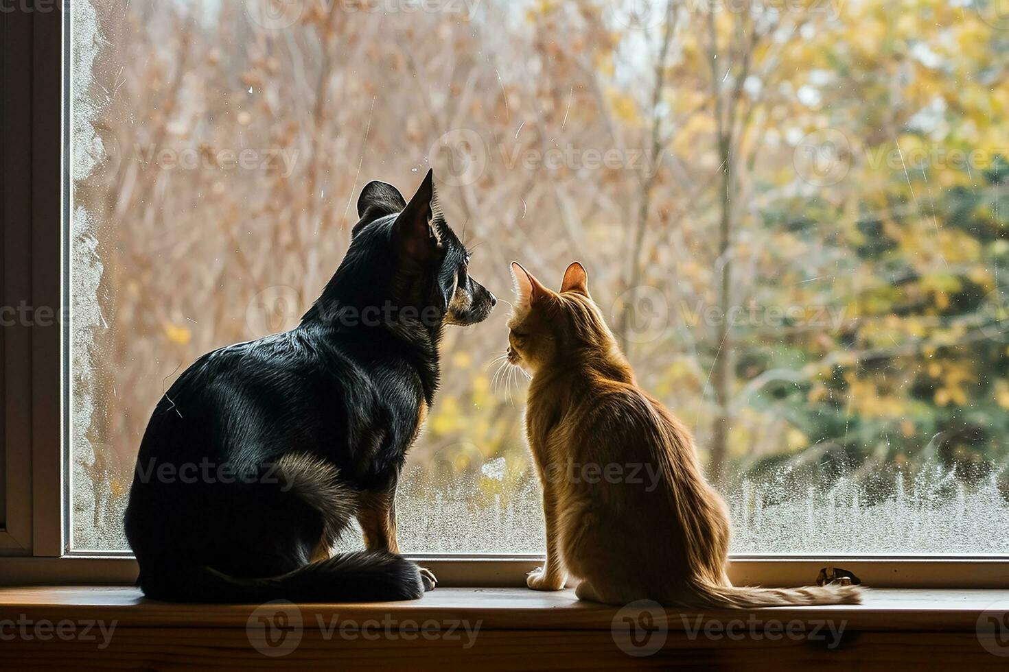 ai generato cane e gatto come migliore gli amici, guardare su il finestra insieme foto