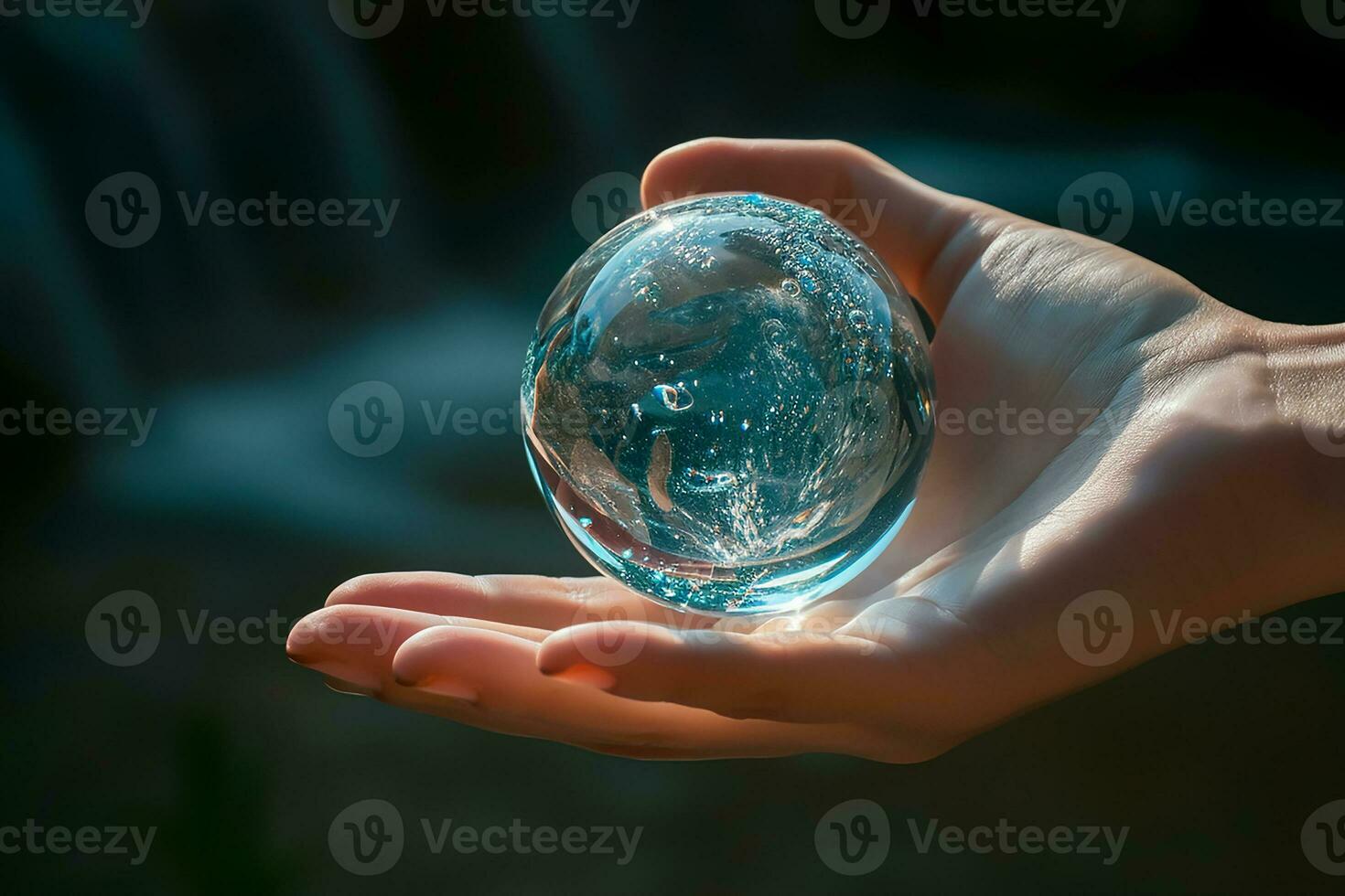 ai generato cristallo bicchiere globo terra palla su umano mano, foto