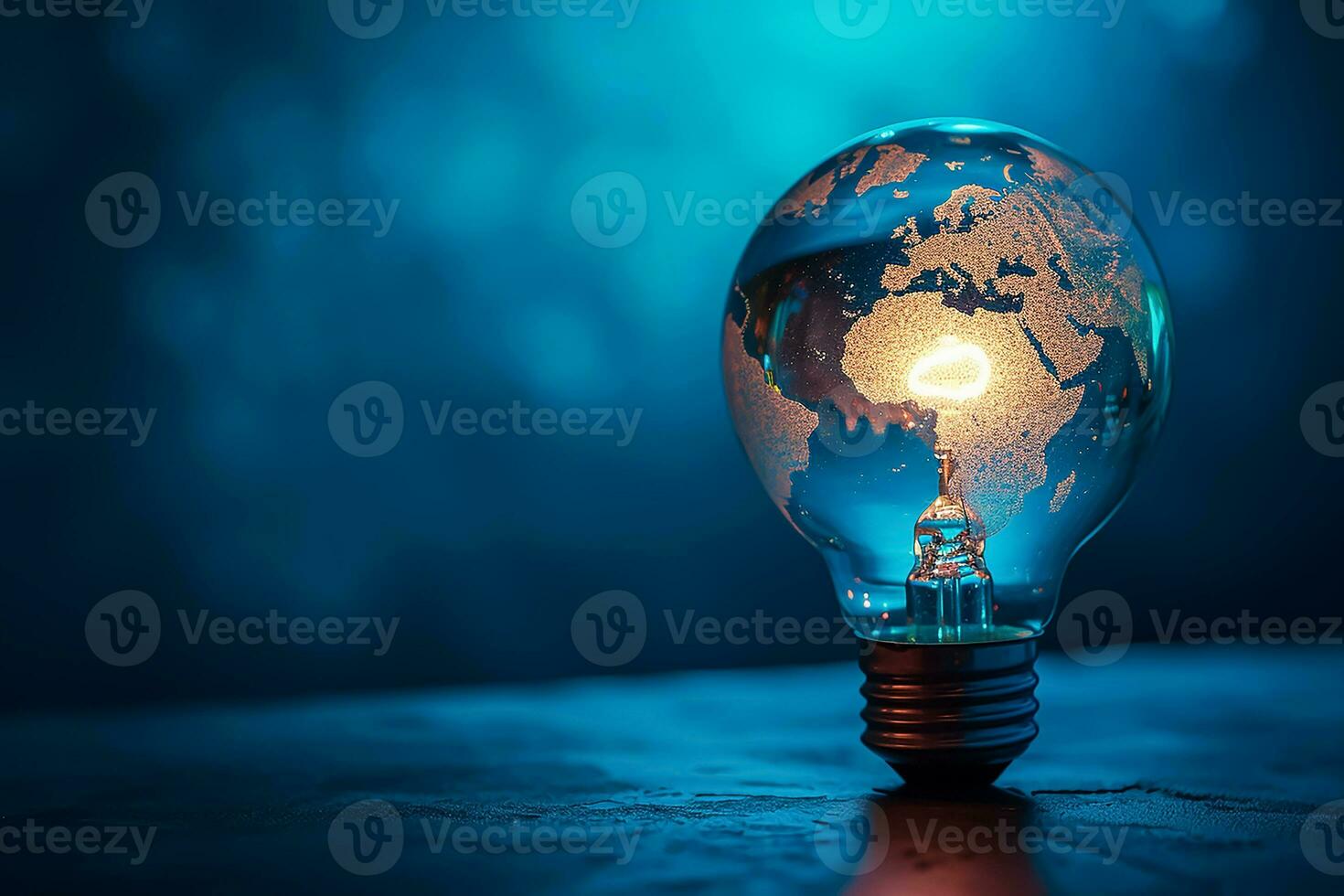 ai generato blu mondo carta geografica Stampa su il leggero lampadina con blu tema foto