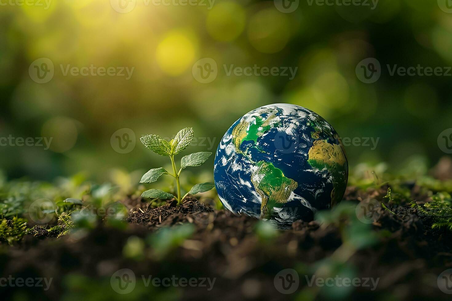 ai generato globale terra su suolo nel foresta con felci e sole brillare foto