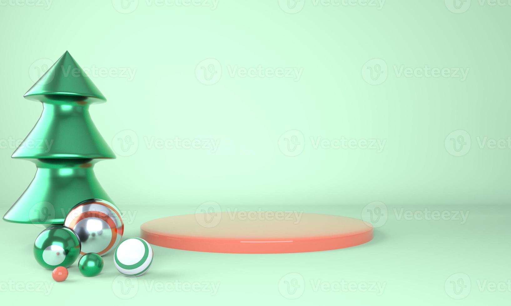 sfondo di natale con albero di natale e palco per la visualizzazione del prodotto. rendering 3D. foto