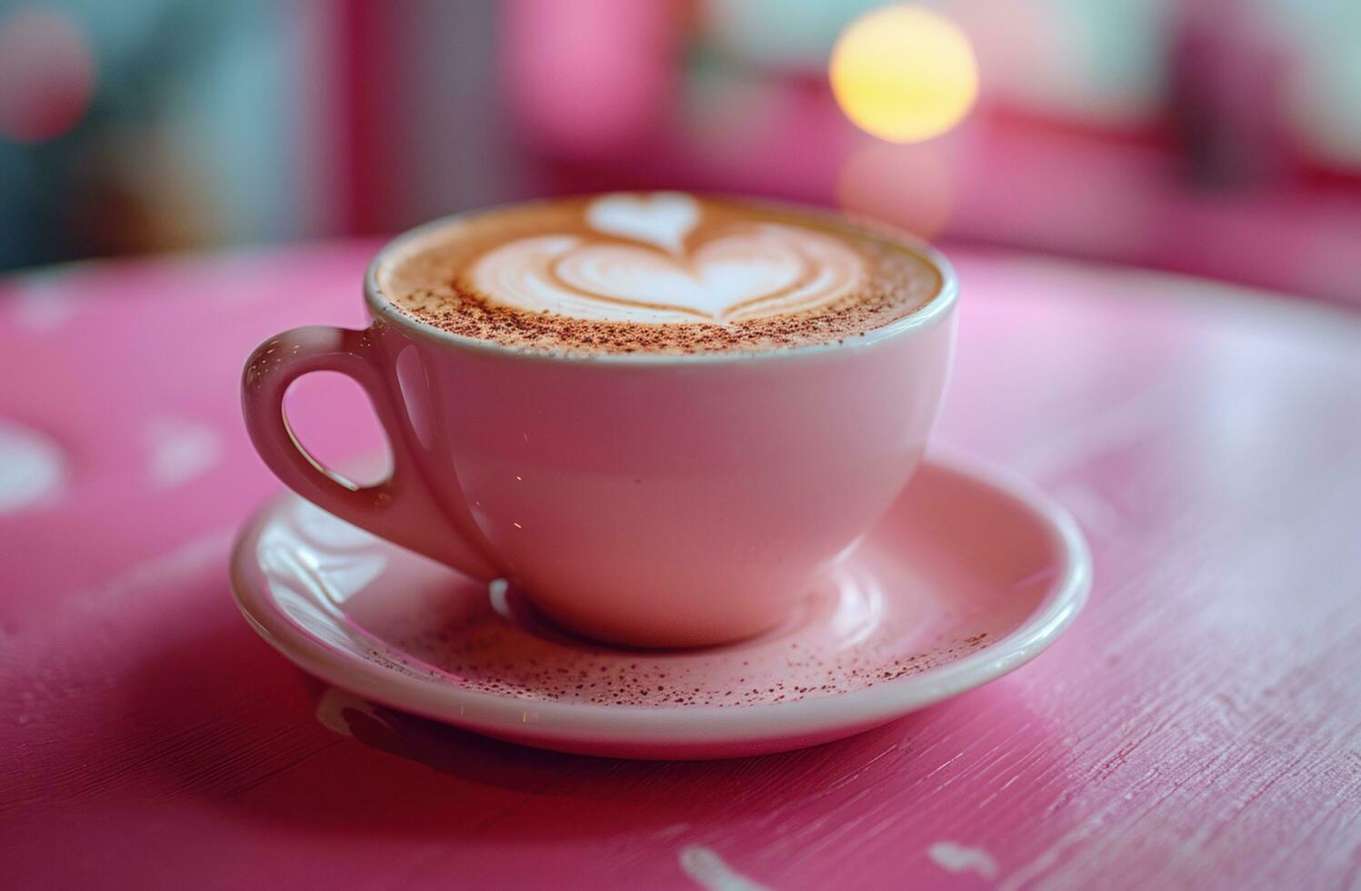ai generato il caffè è un' rosa tazza sormontato con cuori e turbinii foto