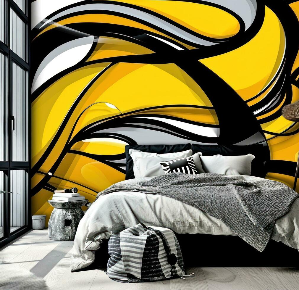 ai generato luminosa Camera da letto murale con astratto design giallo foto