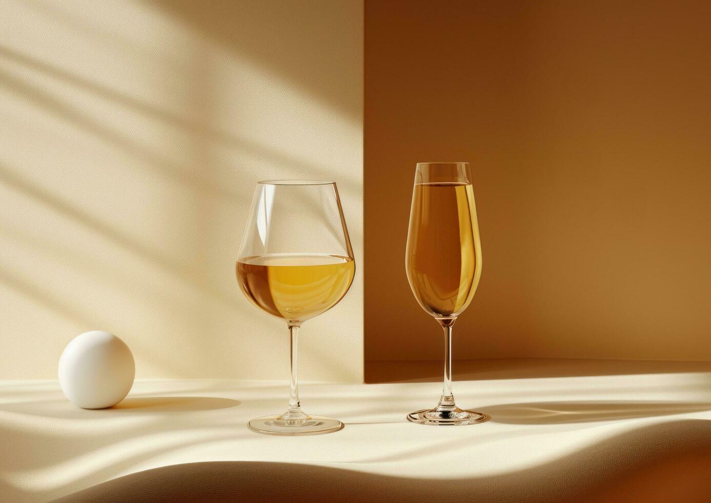 ai generato bianca vino e flauto su tavolo con emulsione sfondo foto