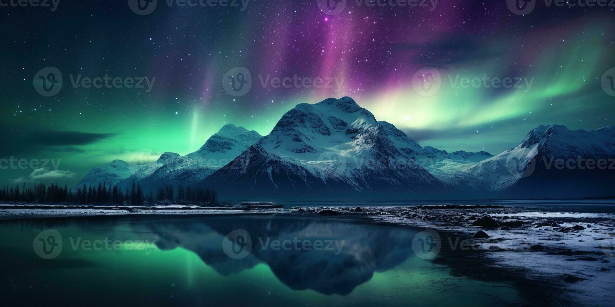 ai generato generativo ai, verde e rosa settentrionale luci sopra nevoso montagne, inverno paesaggio, aurora e riflessione su il acqua superficie foto