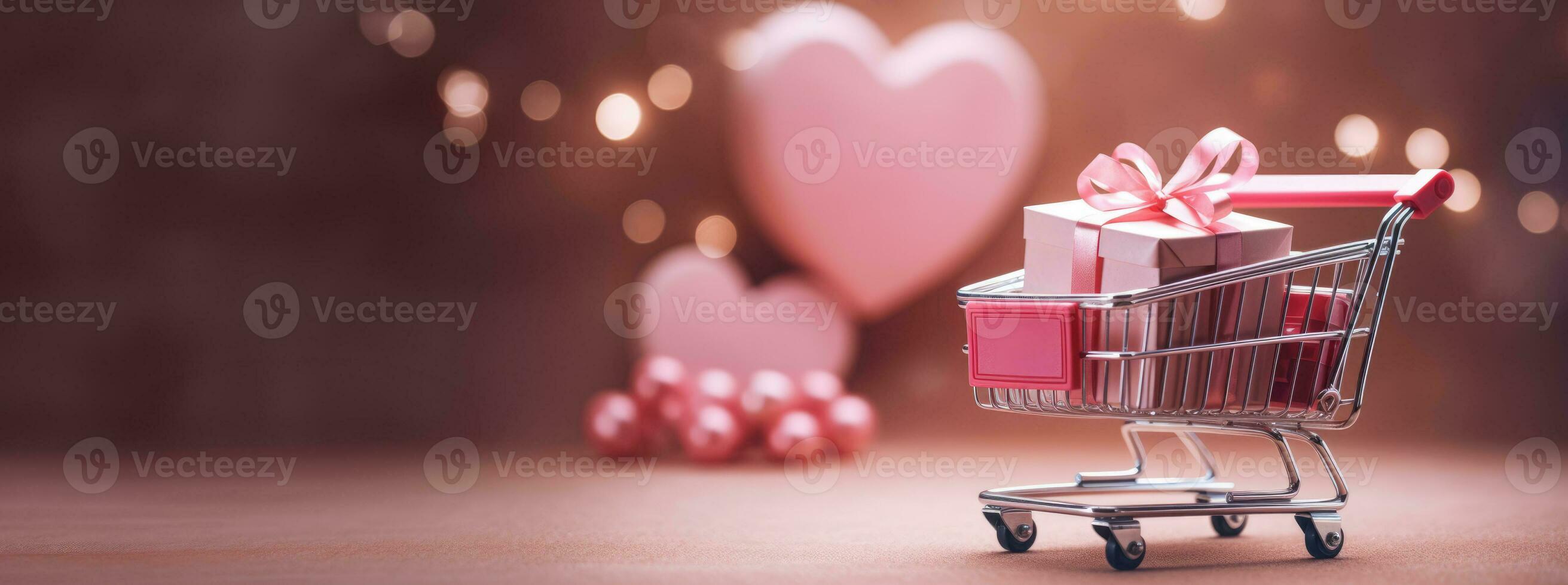 ai generato generativo ai, d'oro e rosa shopping carrello con molti regalo scatole su rosa sfondo, San Valentino giorno concetto, sconto e saldi. foto