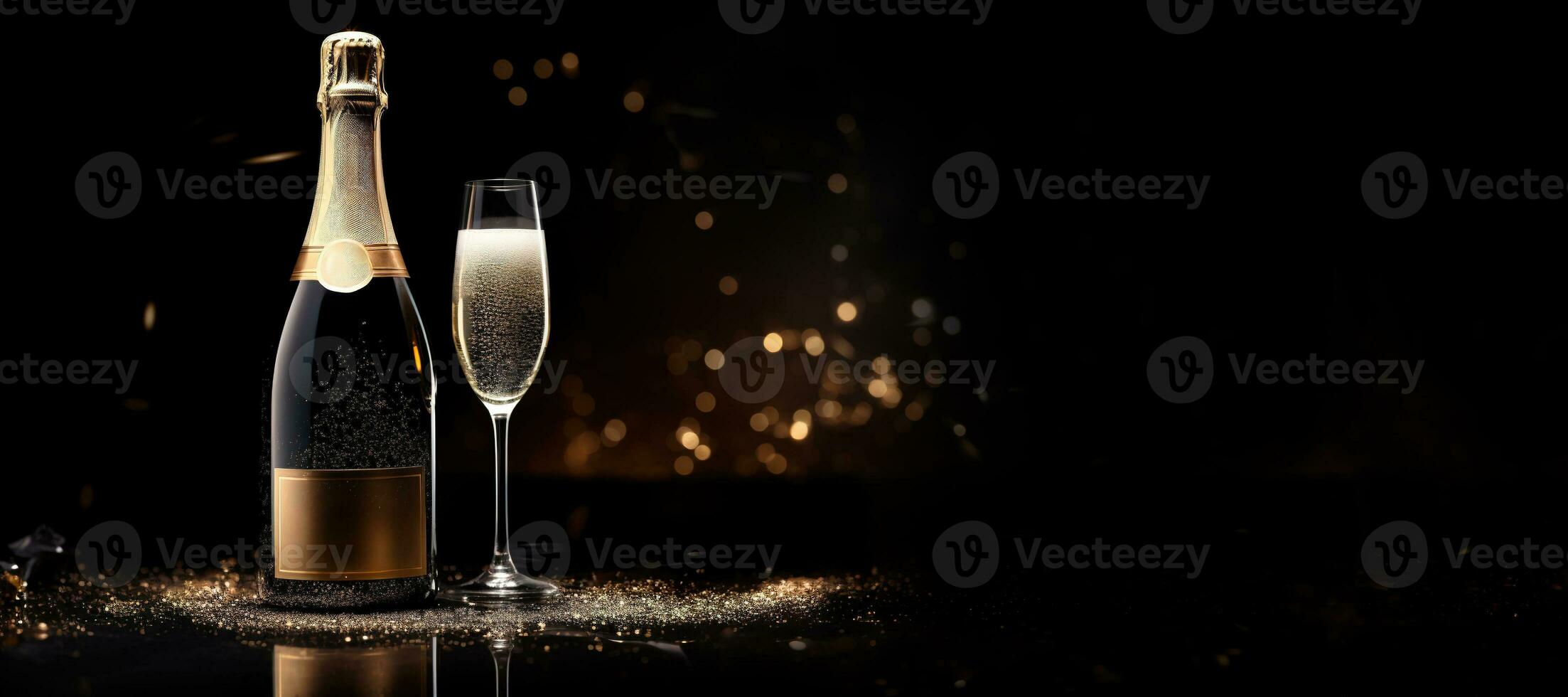 ai generato generativo ai, d'oro Champagne bottiglia modello con bicchiere su buio sfondo, d'oro luci e coriandoli foto