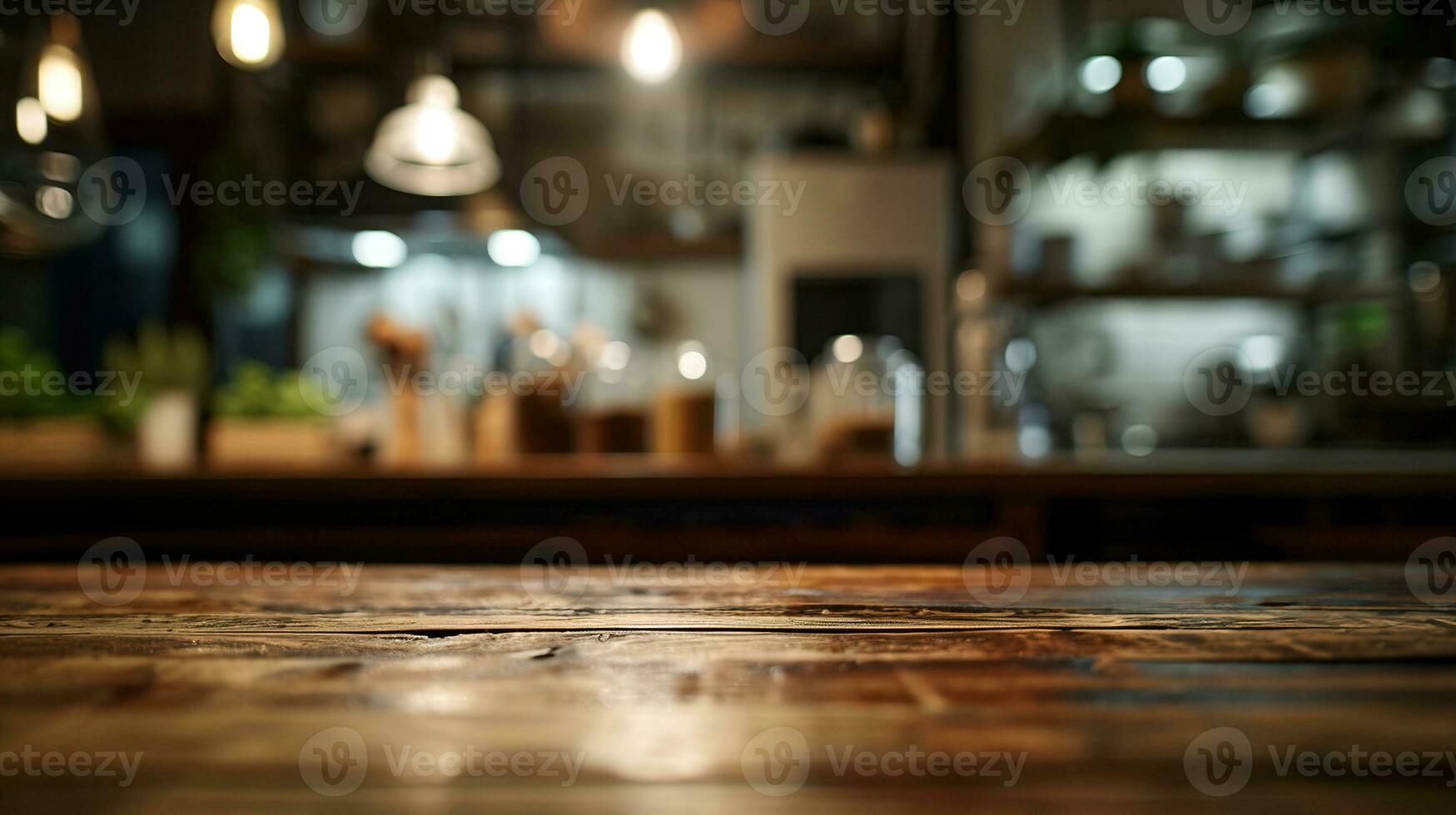 ai generato generativo ai, vuoto di legno tavolo su sfocato moderno cucina sfondo con copia spazio foto