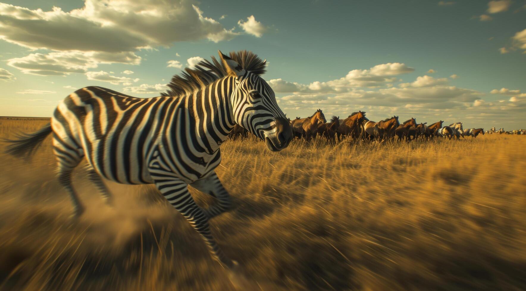 ai generato un' zebra corre giù un' pianura a seguire un' mandria di cavalli foto