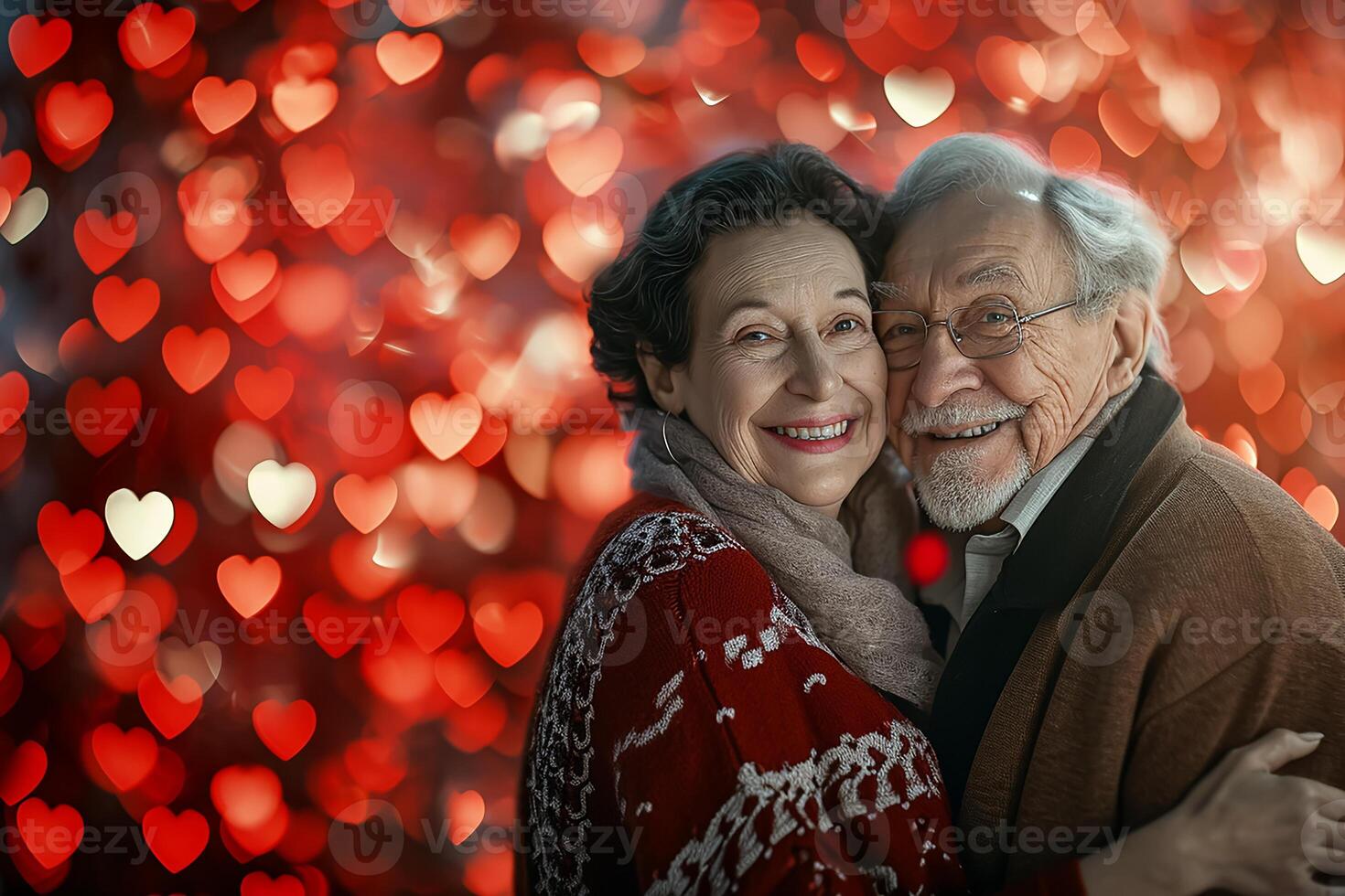 ai generato anziano sorridente coppia ritratto teneramente circondato di romantico atmosfera di galleggiante cuori. foto